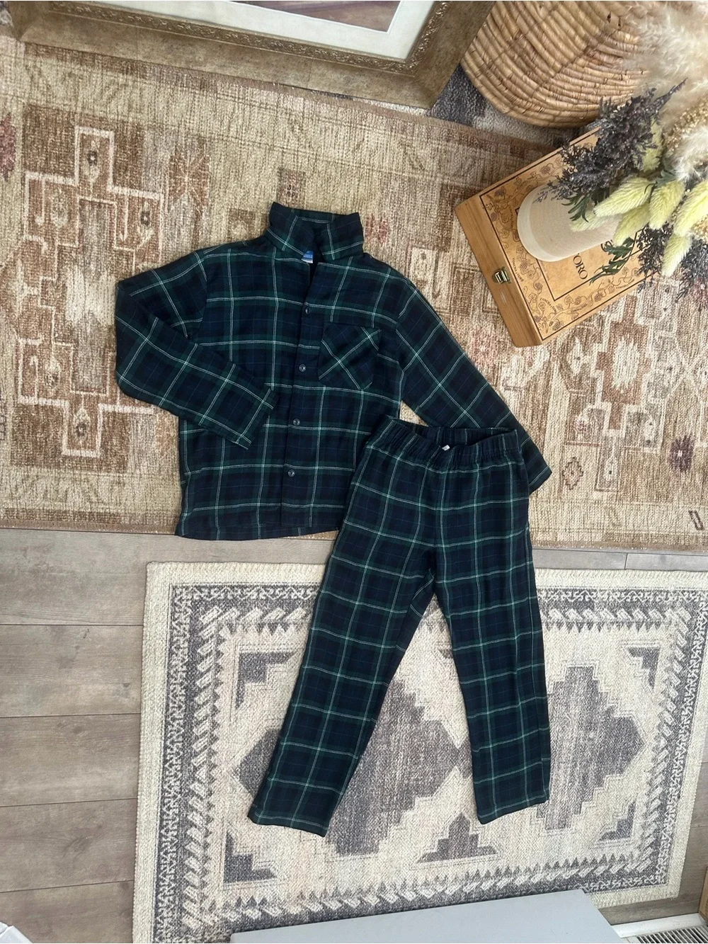 Old Navy Navy Green Plaid Kids Pajama Set Gender-Neutral Button-Front Size Mediu
